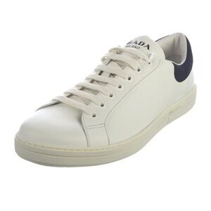 Prada Men's Pre-Owned Vitello Plume Logo White Black Leather Sneakers Trainers